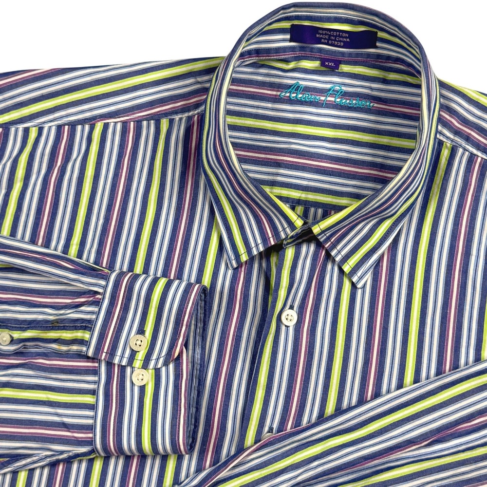 Alan Flusser Mens XXL Long Sleeve Button Down Shirt Blue Green Purple Striped